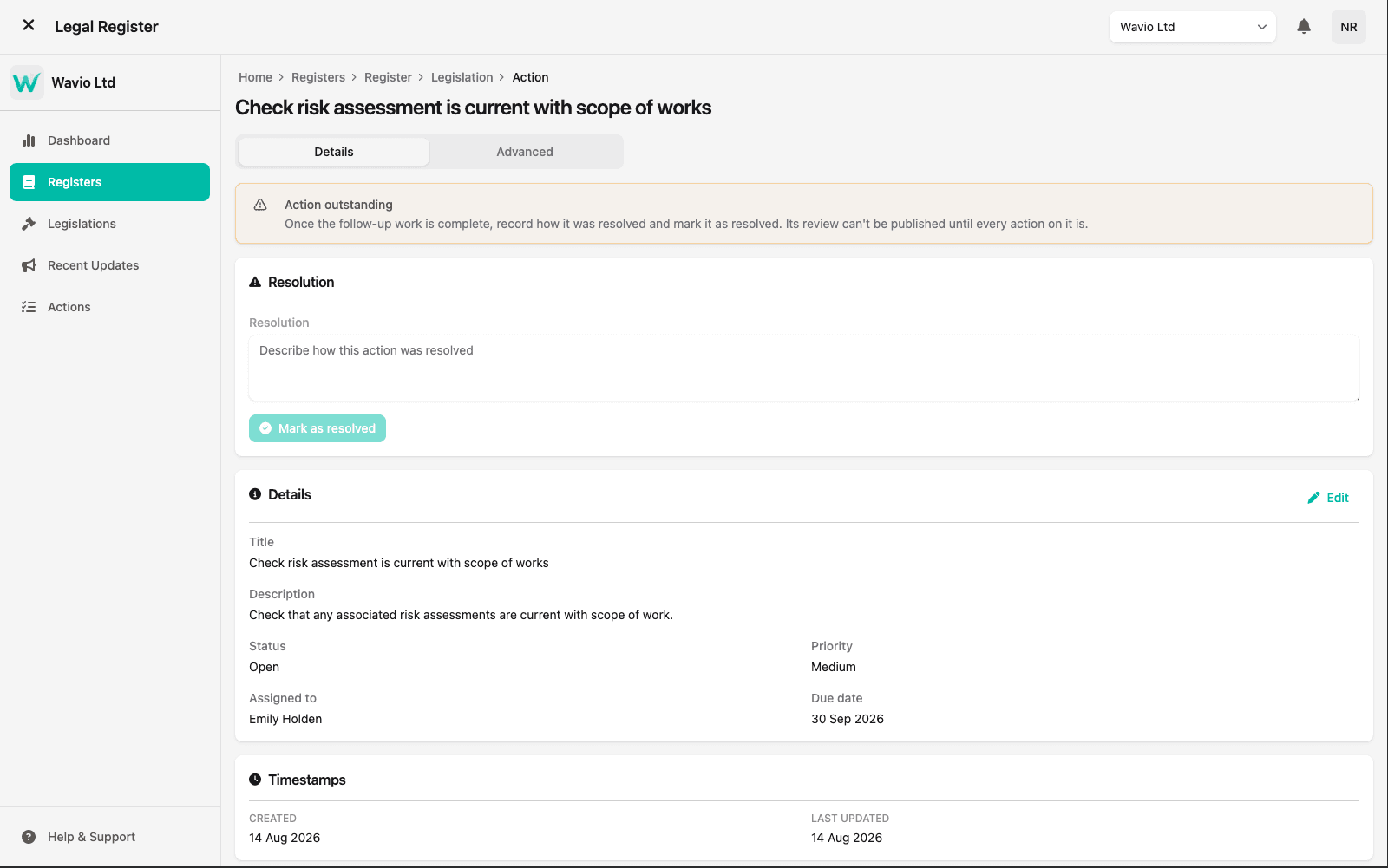 An action in the Legal Register — "Check risk assessment is current with scope of works" — showing its outstanding-resolution prompt alongside status, priority, assignee and due date.