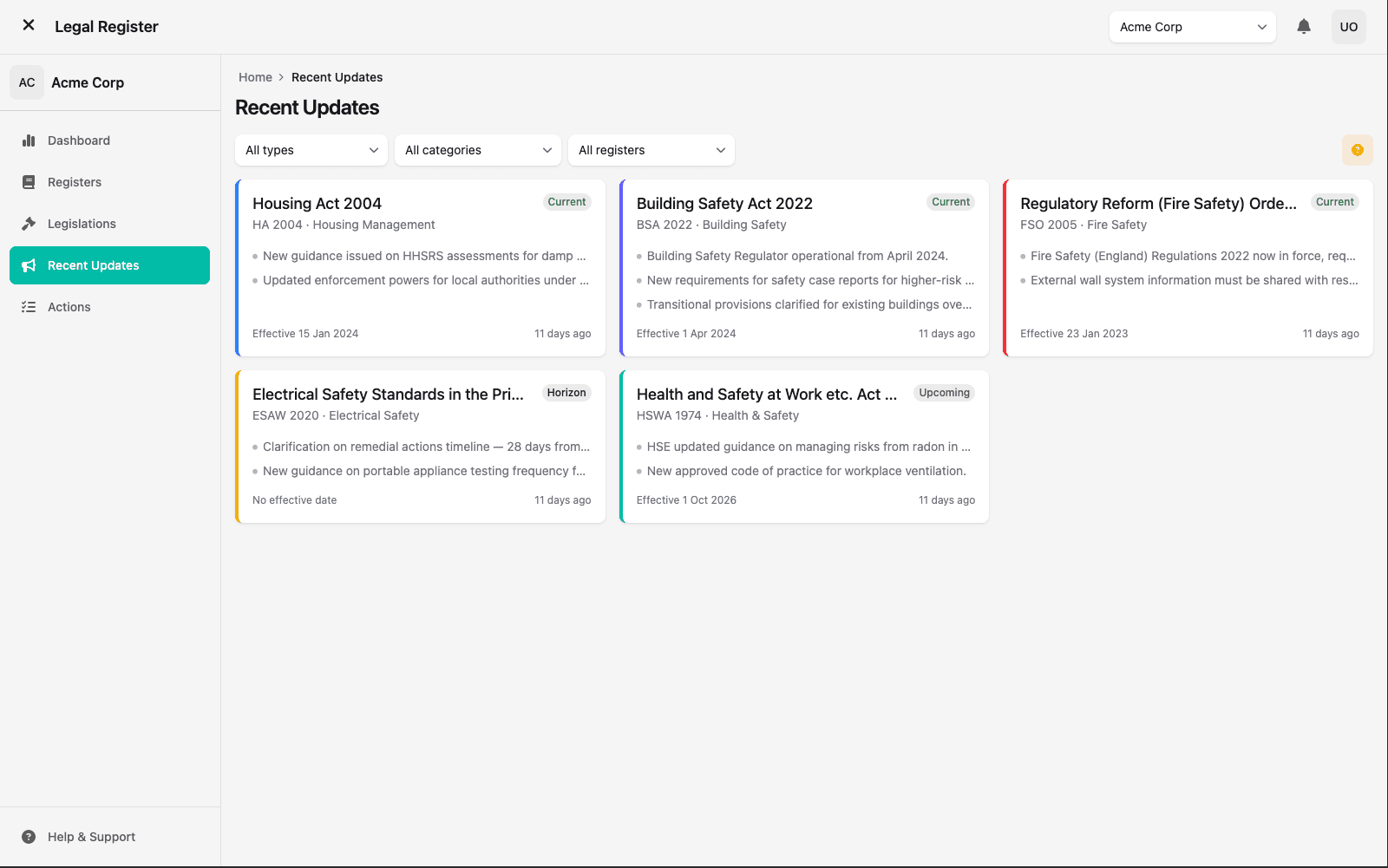 The Legal Register's Recent Updates screen, listing amendments to the Housing Act 2004, Building Safety Act 2022 and Fire Safety Order with their effective dates and status.