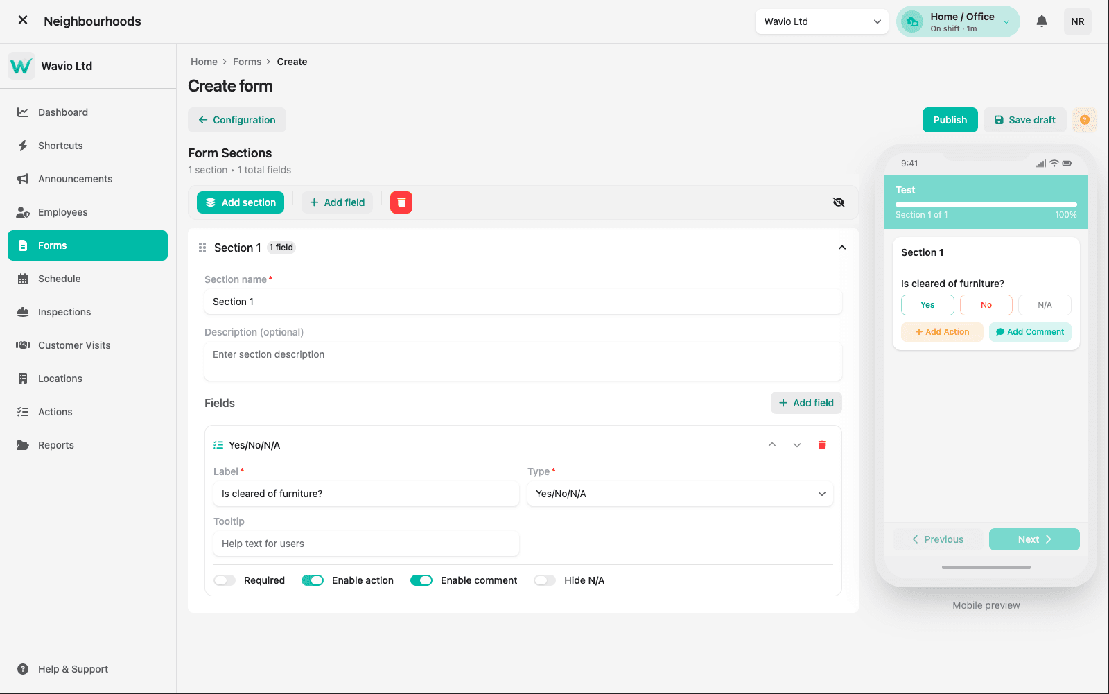 The Neighbourhoods form builder, with a section of fields being configured alongside a live mobile preview of the form.