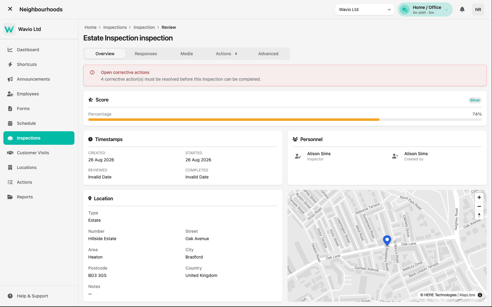 A completed estate inspection in Neighbourhoods, showing its percentage score, open corrective actions, timestamps, inspector and the property's location on a map.