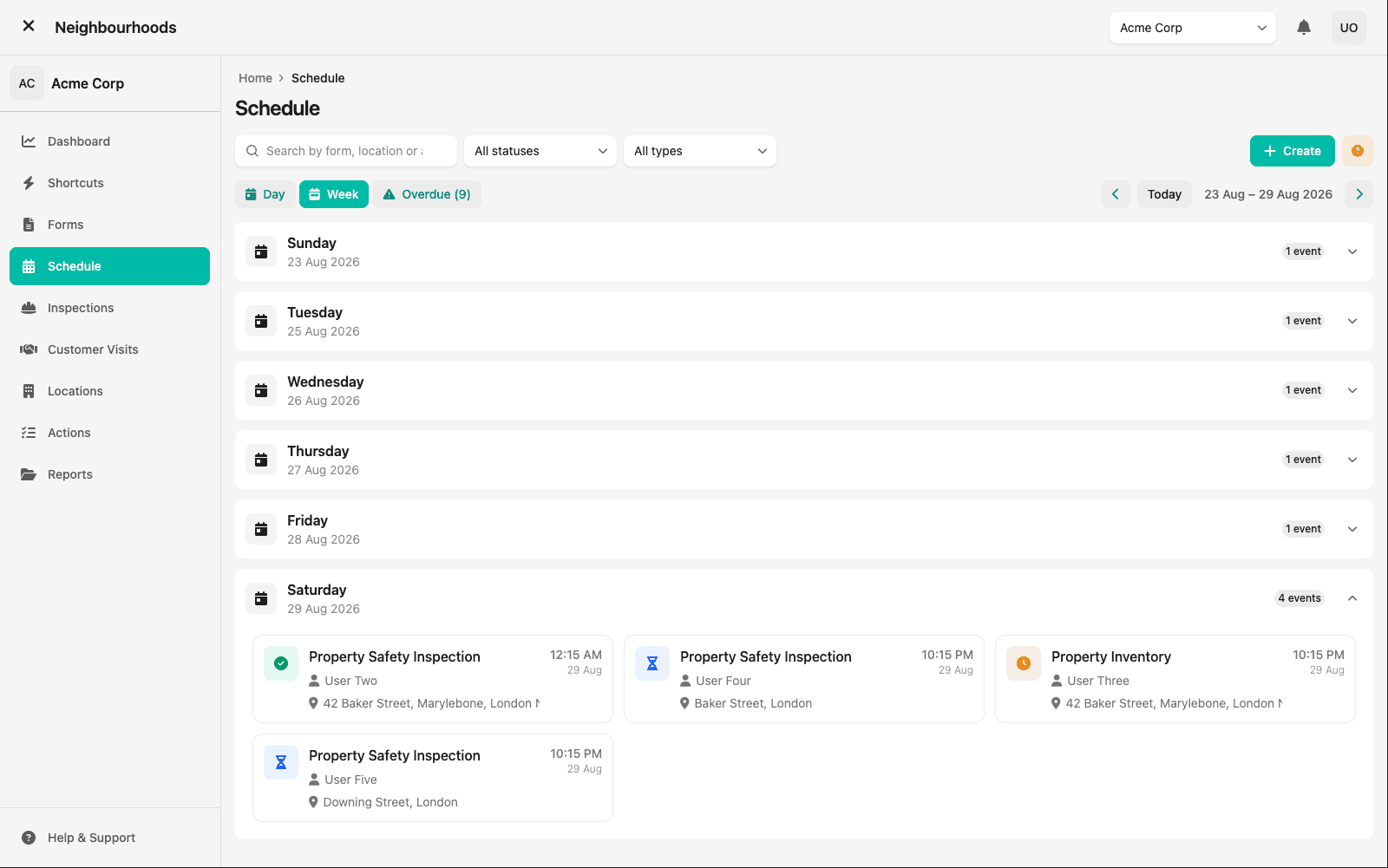 The Neighbourhoods schedule in week view, listing property safety inspections and inventories day by day with their assignees, locations and an overdue count.