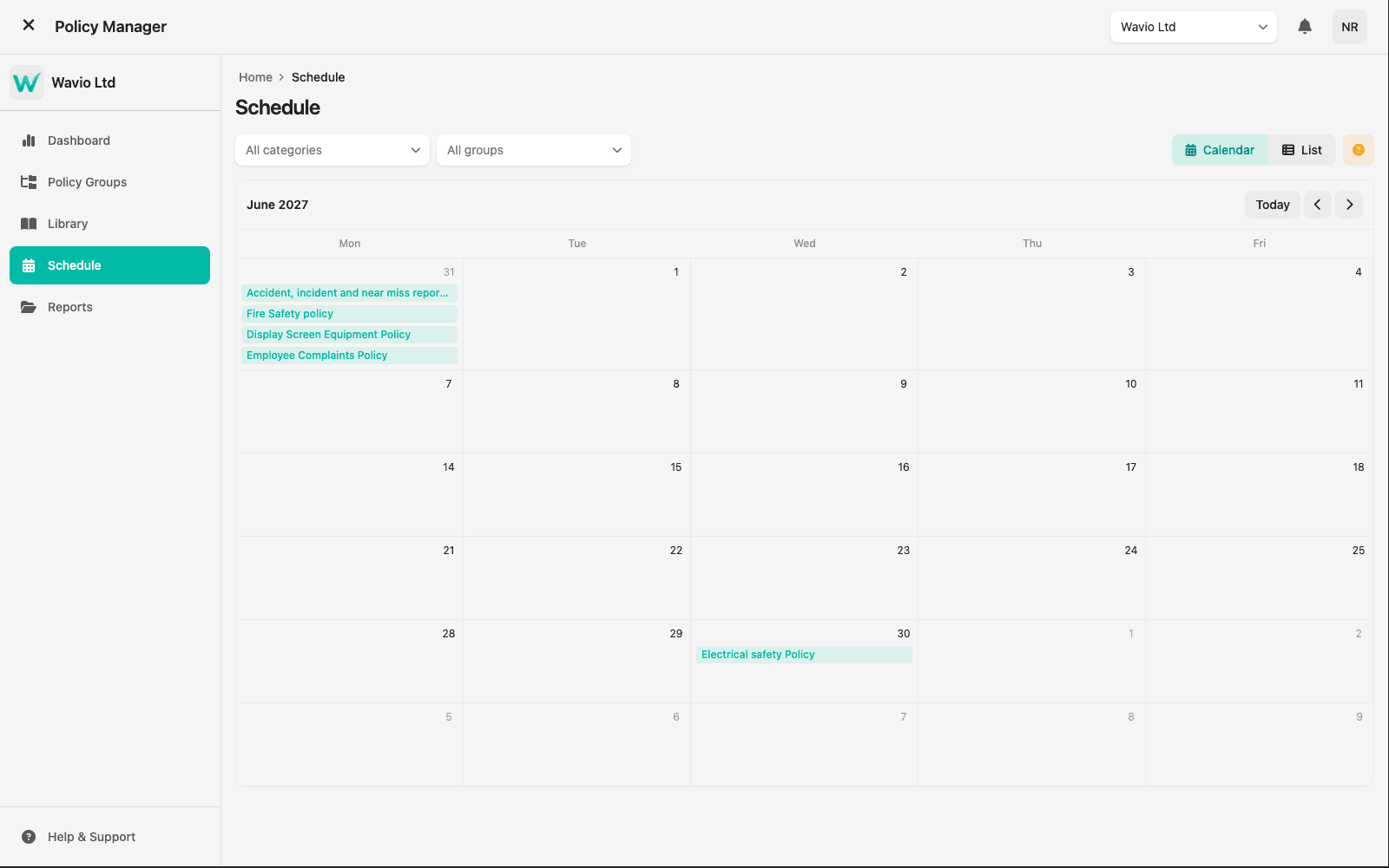 The Policy Manager's Schedule screen in calendar view, plotting upcoming policy review dates across a month so owners can see what falls due and when.