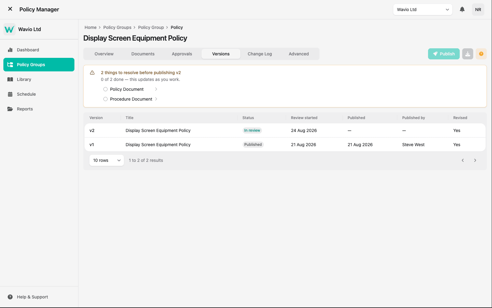 The Policy Manager's Versions tab for a Display Screen Equipment Policy, listing v2 in review alongside the published v1 with its review start date, publication date and publisher.