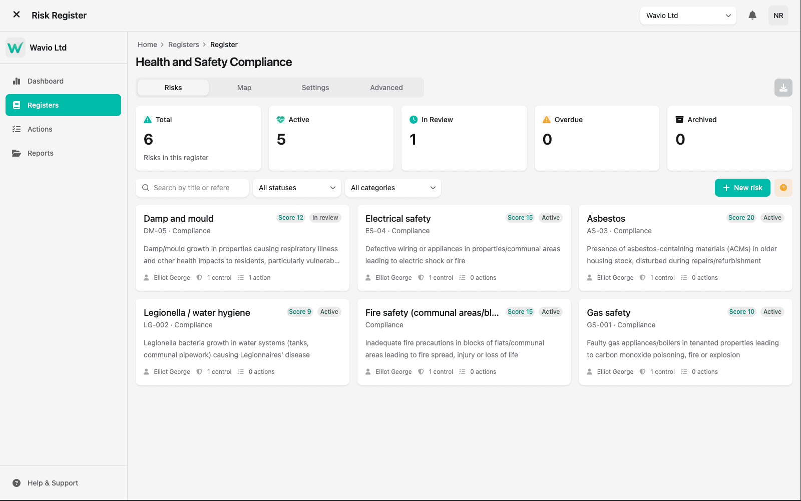 The Risk Register's list view, showing a range of risks with their categories, owners, inherent and residual scores, and next review dates.
